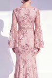 Blush Mermaid Round Neck Floral Long Mother Of the Bride Dress with Long Sleeves