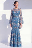 Blush Mermaid Round Neck Floral Long Mother Of the Bride Dress with Long Sleeves
