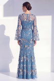 Blush Mermaid Round Neck Floral Long Mother Of the Bride Dress with Long Sleeves