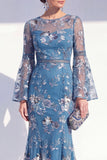 Blush Mermaid Round Neck Floral Long Mother Of the Bride Dress with Long Sleeves