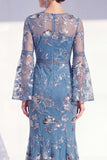 Blush Mermaid Round Neck Floral Long Mother Of the Bride Dress with Long Sleeves