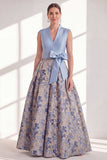 Blue A-Line V-Neck Floral Long Mother of the Bride Dress with Bow