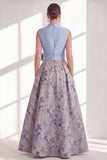 Blue A-Line V-Neck Floral Long Mother of the Bride Dress with Bow