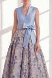 Blue A-Line V-Neck Floral Long Mother of the Bride Dress with Bow