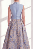 Blue A-Line V-Neck Floral Long Mother of the Bride Dress with Bow