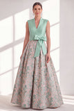 Blue A-Line V-Neck Floral Long Mother of the Bride Dress with Bow