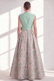 Blue A-Line V-Neck Floral Long Mother of the Bride Dress with Bow
