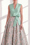Blue A-Line V-Neck Floral Long Mother of the Bride Dress with Bow