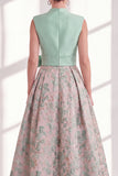 Blue A-Line V-Neck Floral Long Mother of the Bride Dress with Bow