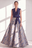 Blue A-Line V-Neck Floral Long Mother of the Bride Dress with Bow