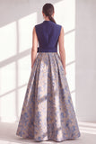 Blue A-Line V-Neck Floral Long Mother of the Bride Dress with Bow