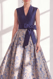 Blue A-Line V-Neck Floral Long Mother of the Bride Dress with Bow