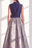 Blue A-Line V-Neck Floral Long Mother of the Bride Dress with Bow