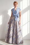 Navy A-Line V-Neck Notch Lapel Floral Long Mother of the Bride Dress with Bow