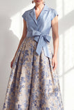 Navy A-Line V-Neck Notch Lapel Floral Long Mother of the Bride Dress with Bow