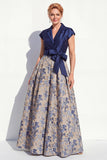 Navy A-Line V-Neck Notch Lapel Floral Long Mother of the Bride Dress with Bow