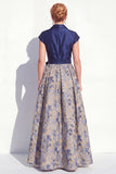 Navy A-Line V-Neck Notch Lapel Floral Long Mother of the Bride Dress with Bow