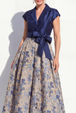 Navy A-Line V-Neck Notch Lapel Floral Long Mother of the Bride Dress with Bow