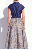 Navy A-Line V-Neck Notch Lapel Floral Long Mother of the Bride Dress with Bow