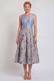 A-Line Navy V-Neck Floral Midi Mother of the Bride Dress