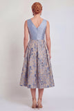 A-Line Navy V-Neck Floral Midi Mother of the Bride Dress
