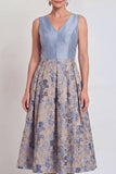A-Line Navy V-Neck Floral Midi Mother of the Bride Dress