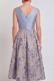 A-Line Navy V-Neck Floral Midi Mother of the Bride Dress