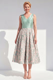 A-Line Navy V-Neck Floral Midi Mother of the Bride Dress