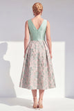 A-Line Navy V-Neck Floral Midi Mother of the Bride Dress