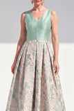 A-Line Navy V-Neck Floral Midi Mother of the Bride Dress