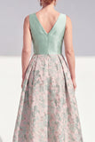 A-Line Navy V-Neck Floral Midi Mother of the Bride Dress