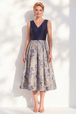 A-Line Navy V-Neck Floral Midi Mother of the Bride Dress