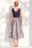 A-Line Navy V-Neck Floral Midi Mother of the Bride Dress