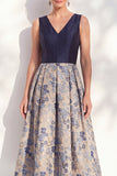 A-Line Navy V-Neck Floral Midi Mother of the Bride Dress