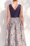 A-Line Navy V-Neck Floral Midi Mother of the Bride Dress