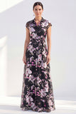 White A-Line Floral Long Mother of the Bride Dress with Belt