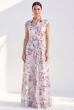 White A-Line Floral Long Mother of the Bride Dress with Belt