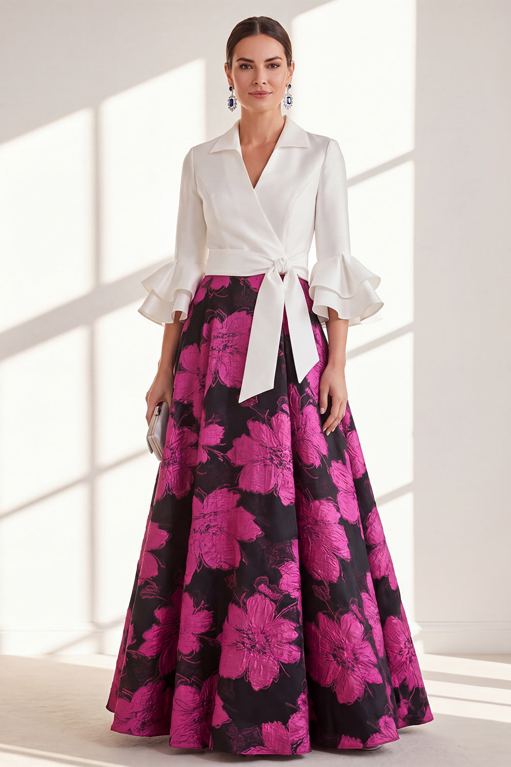 fuschia pink mother of the bride dress BABARONI Chiffon Mother of the Bride Dress with V-neck Lace Appliqued 3/4 Sleeves