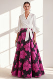 A-Line Fuchsia Flower V-Neck Ruffled Long Mother Of the Bride Dress