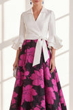 A-Line Fuchsia Flower V-Neck Ruffled Long Mother Of the Bride Dress