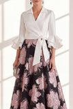 A-Line Fuchsia Flower V-Neck Ruffled Long Mother Of the Bride Dress