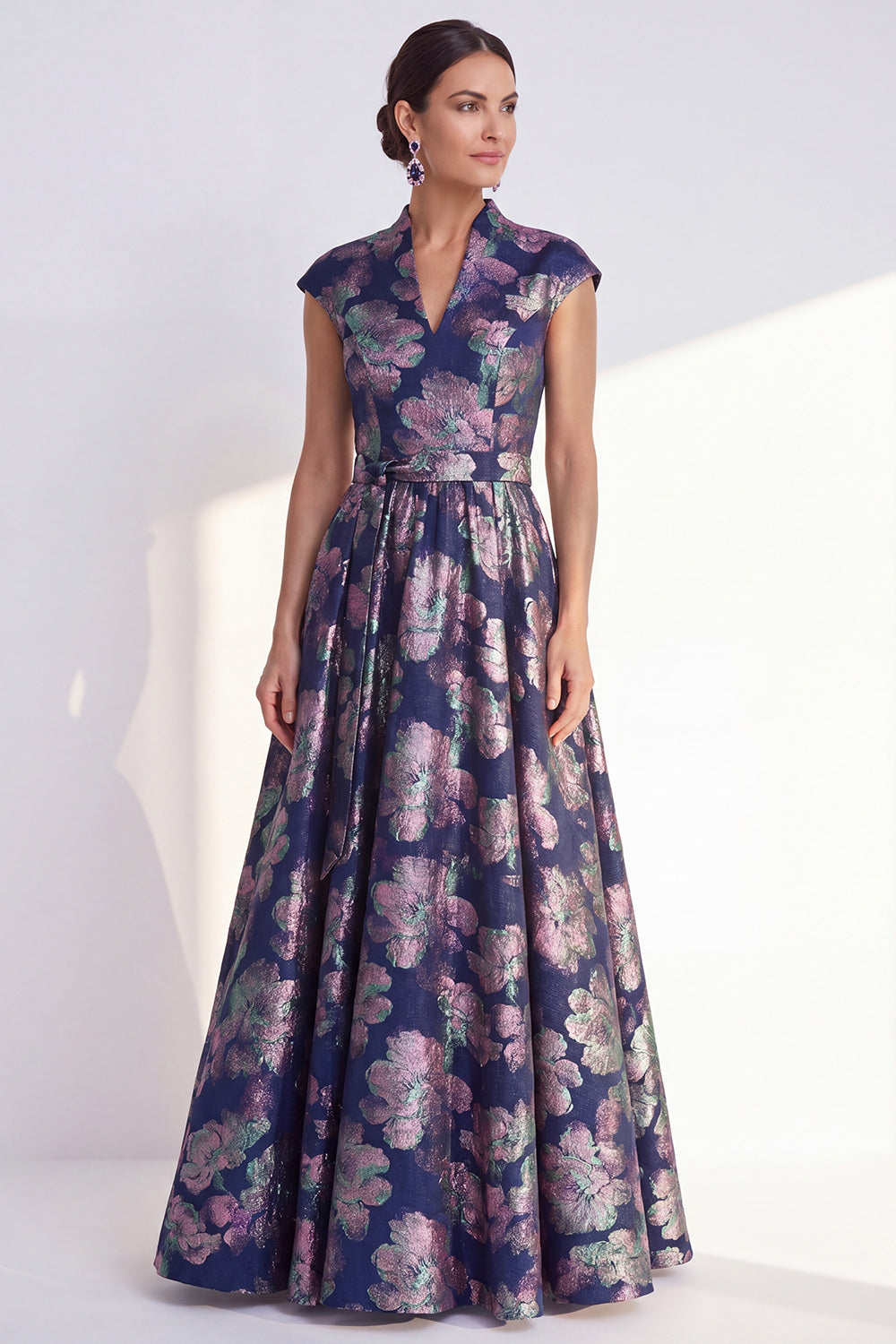 ZAPAKA Women Navy Long Mother of the Bride Dress with Cap Sleeves A-Line Floral V-Neck Wedding Guest Dress, Navy / US20W