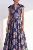 Navy A-Line Floral V-Neck Long Mother of the Bride Dress with Cap Sleeves