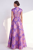 Navy A-Line Floral V-Neck Long Mother of the Bride Dress with Cap Sleeves