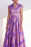 Navy A-Line Floral V-Neck Long Mother of the Bride Dress with Cap Sleeves