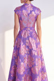 Navy A-Line Floral V-Neck Long Mother of the Bride Dress with Cap Sleeves