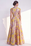 Navy A-Line Floral V-Neck Long Mother of the Bride Dress with Cap Sleeves