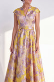 Navy A-Line Floral V-Neck Long Mother of the Bride Dress with Cap Sleeves