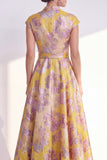 Navy A-Line Floral V-Neck Long Mother of the Bride Dress with Cap Sleeves