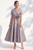 A-Line Blue Golden Flower V-Neck Midi Mother Of the Bride Dress with Belt